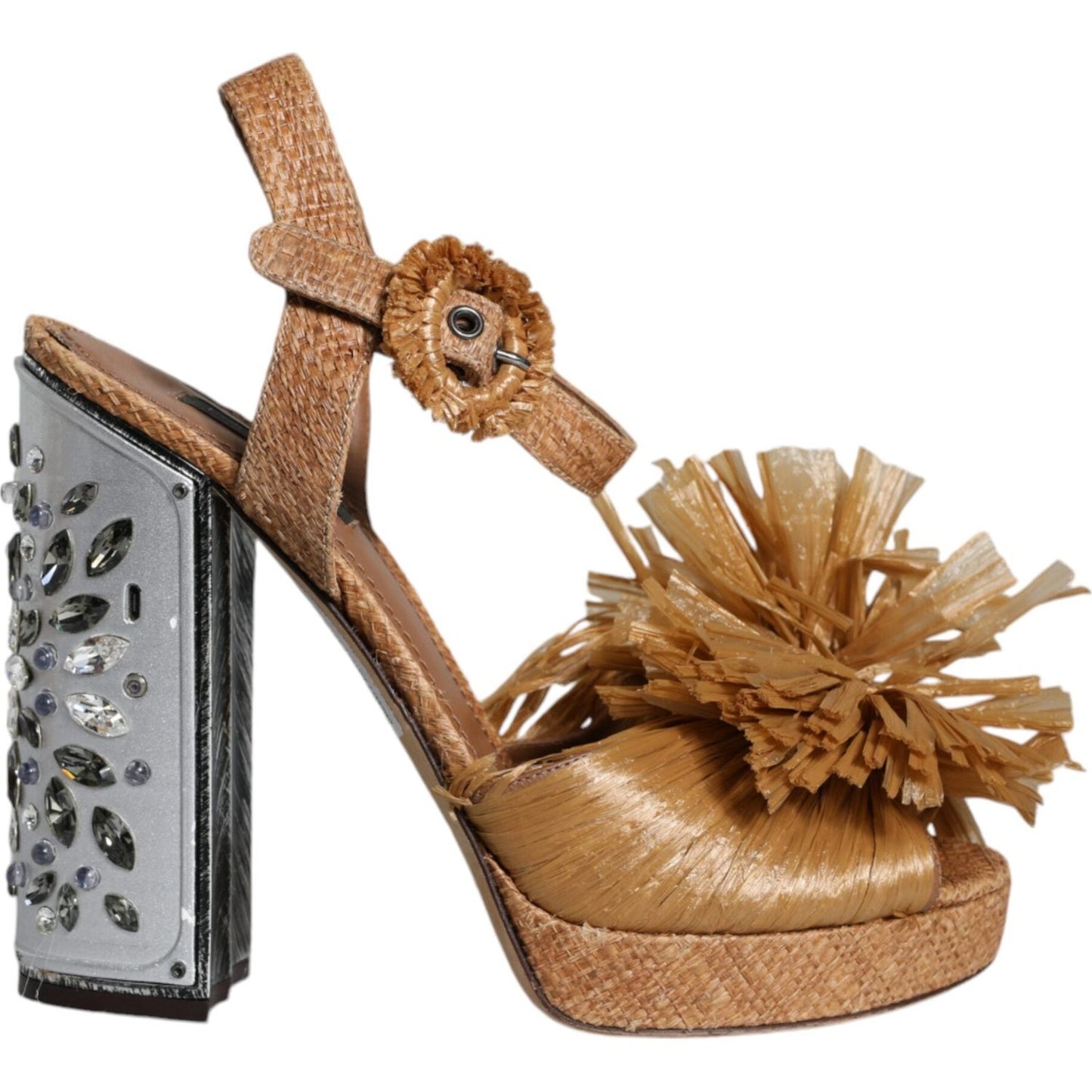 Dolce & Gabbana Brown Raffia Ankle Strap Crystal Sandals Shoes Dolce & Gabbana