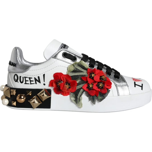 Dolce & Gabbana White Leather Floral Studded Sneakers Shoes Dolce & Gabbana