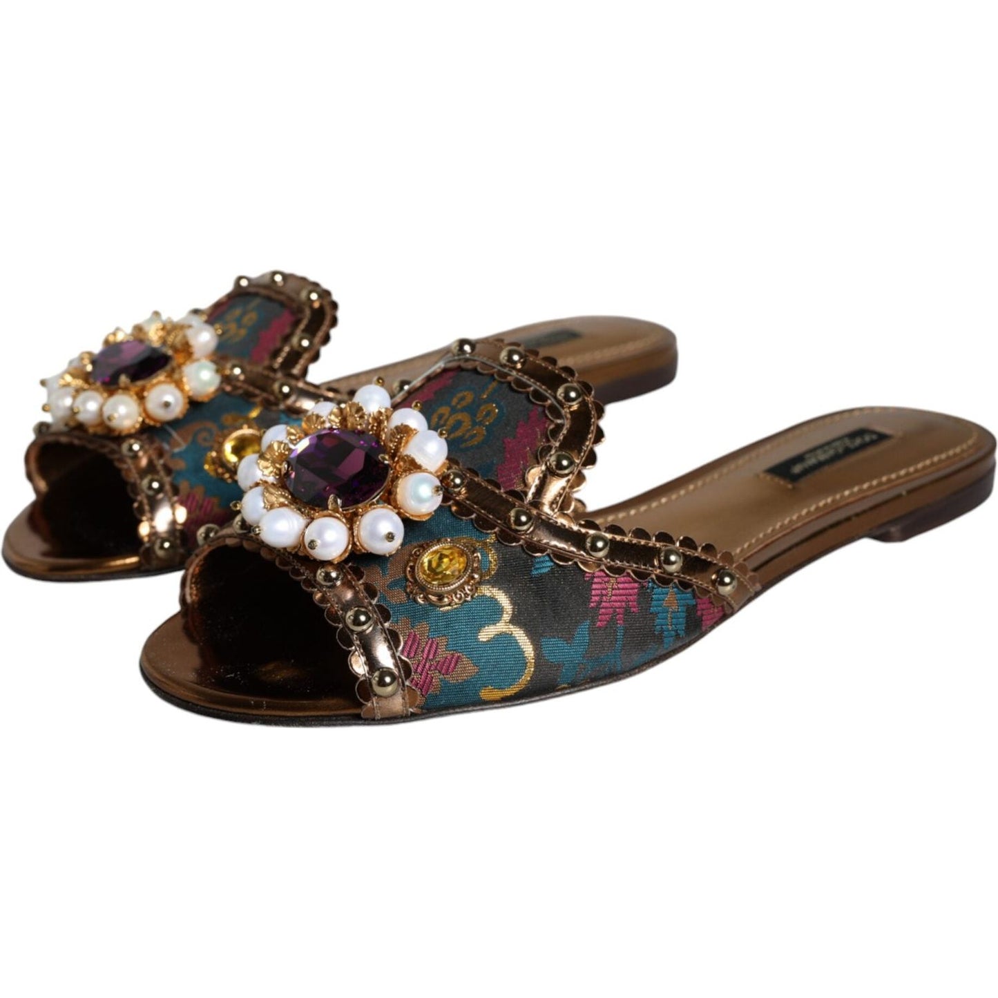 Dolce & Gabbana Multicolor Jacquard Embellished Slides Flats Shoes Dolce & Gabbana