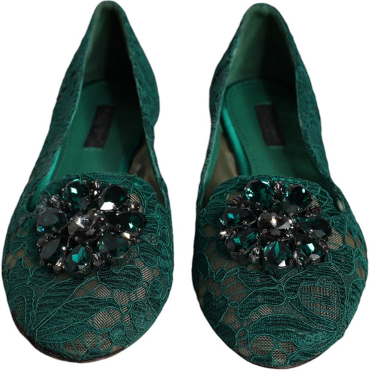 Dolce & Gabbana Green Lace Crystal Ballet Flats Loafers Shoes Dolce & Gabbana