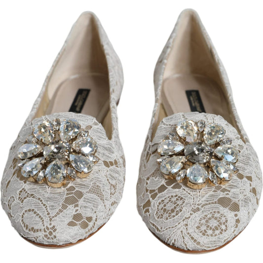 Dolce & Gabbana White Lace Crystal Ballet Flats Loafers Shoes Dolce & Gabbana