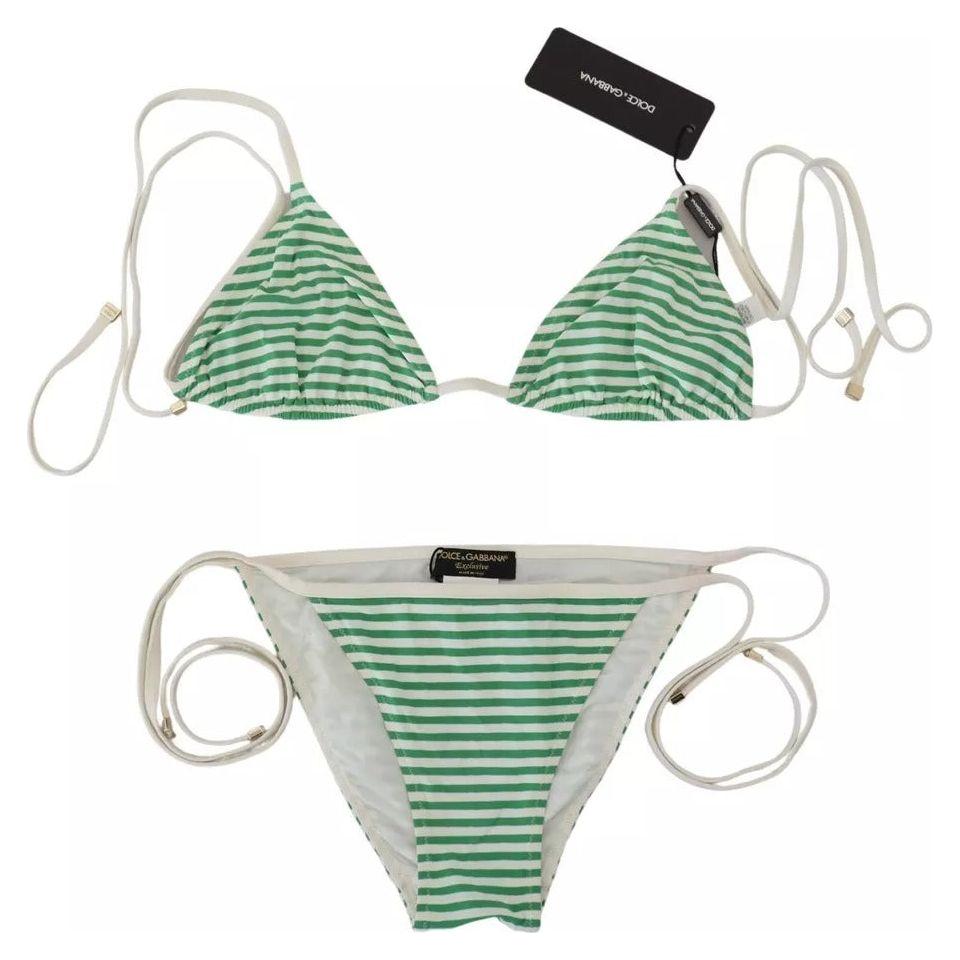 Dolce & Gabbana White Green Stripes Bikini Top Bottom Swimwear Dolce & Gabbana