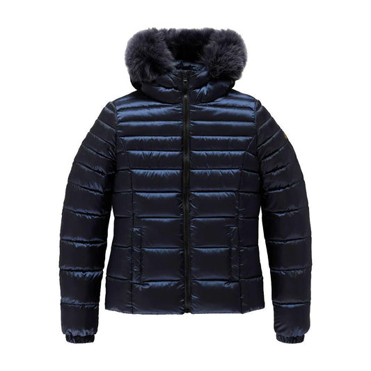 Refrigiwear Blue Nylon Women Jacket with Feather Padding and Fur Hood Refrigiwear