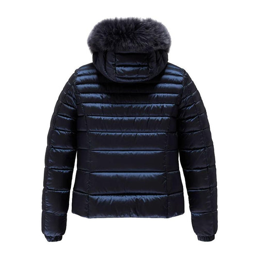 Refrigiwear Blue Nylon Women Jacket with Feather Padding and Fur Hood Refrigiwear