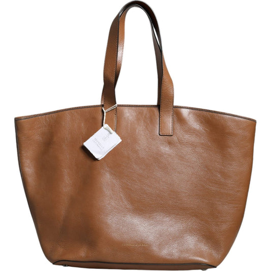 Brunello Cucinelli Brown Leather Logo Shoulder Strap Shopping Tote Bag Brunello Cucinelli