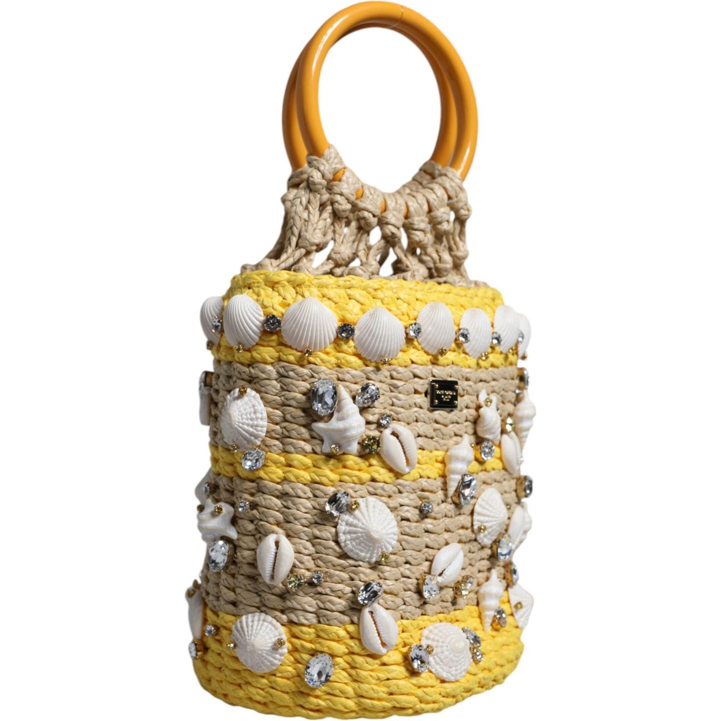 Dolce & Gabbana Beige Yellow Rafia Seashells Crystal Bucket Bag Dolce & Gabbana