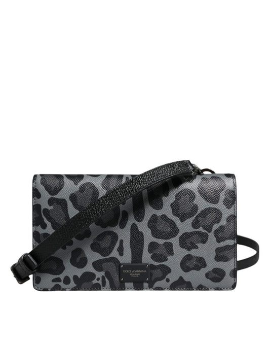 Dolce & Gabbana Black Gray Leopard Leather Bifold Card Slot Crossbody Bag Dolce & Gabbana