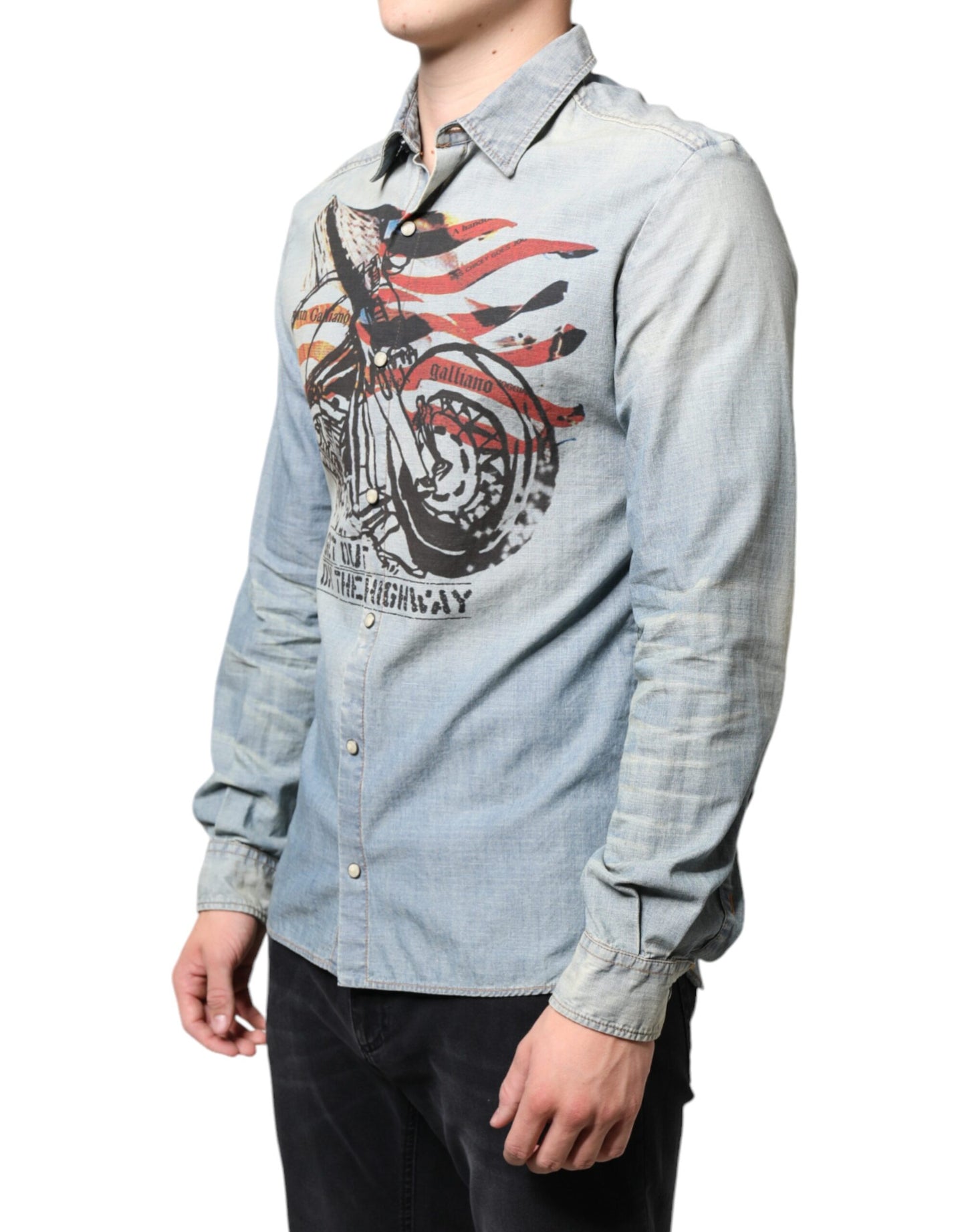 John Galliano Light Blue Printed Cotton Denim Long Sleeves Shirt John Galliano