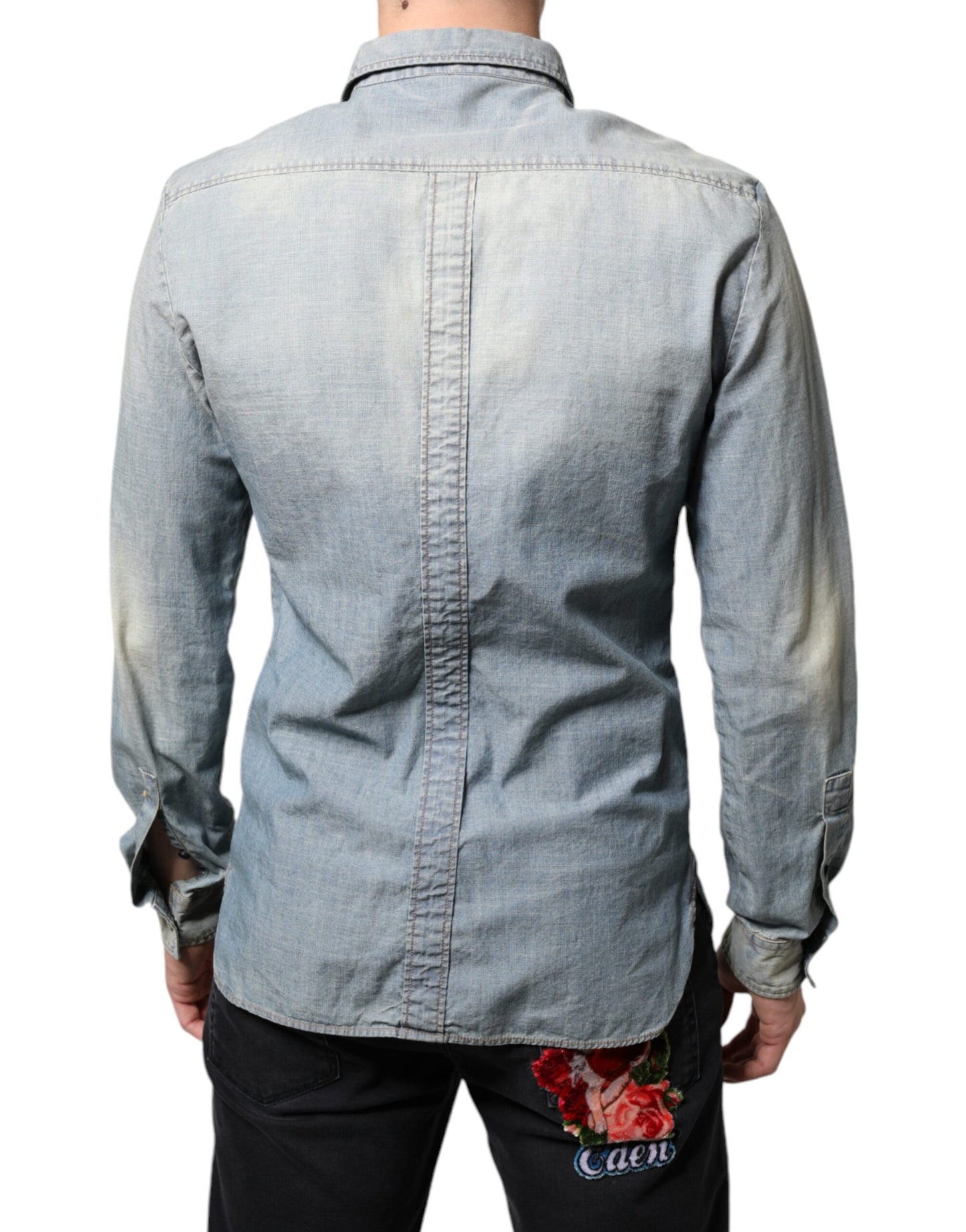 John Galliano Light Blue Printed Cotton Denim Long Sleeves Shirt John Galliano