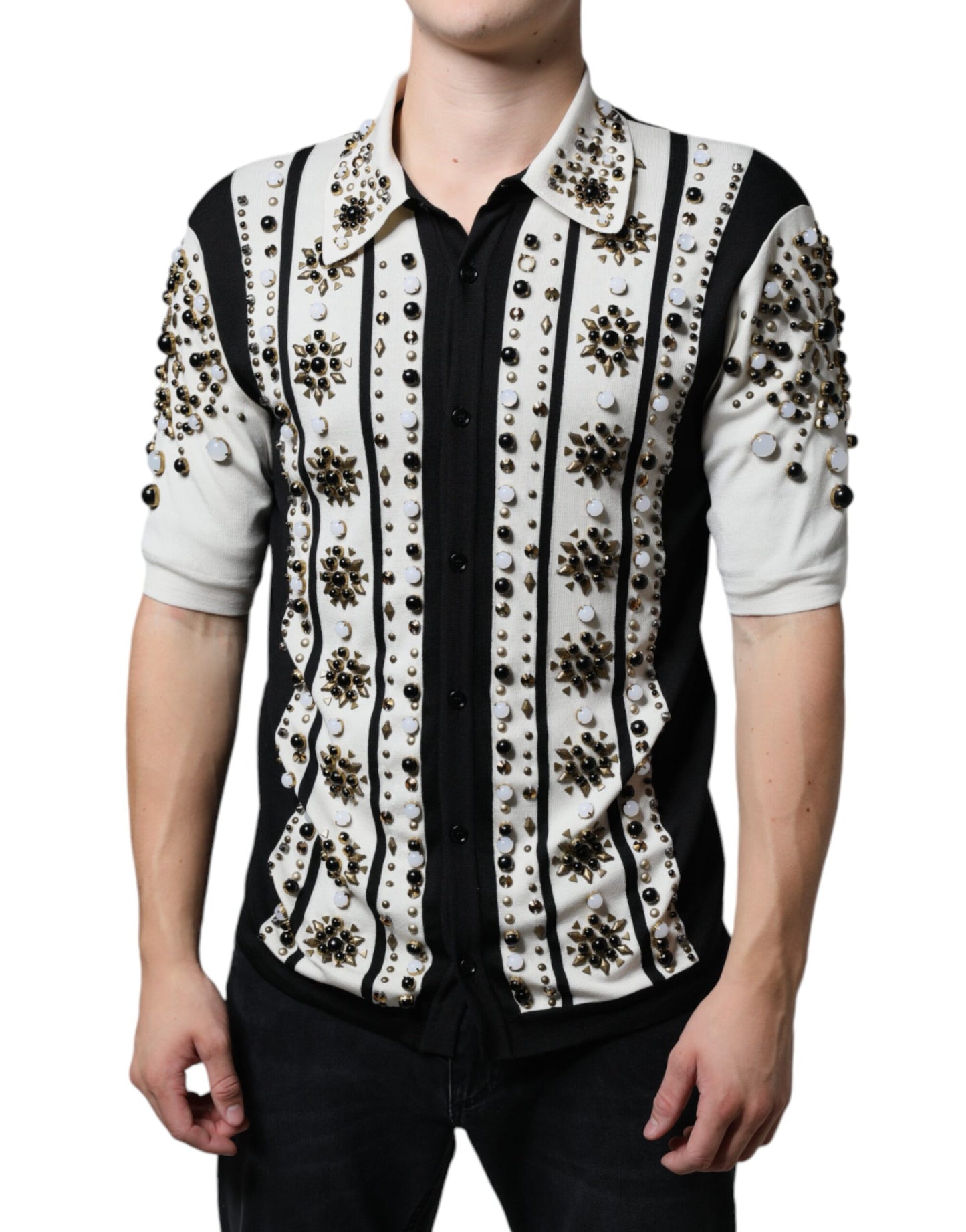 Dolce & Gabbana White Black Silk Studded Stone Crystal Shirt Dolce & Gabbana