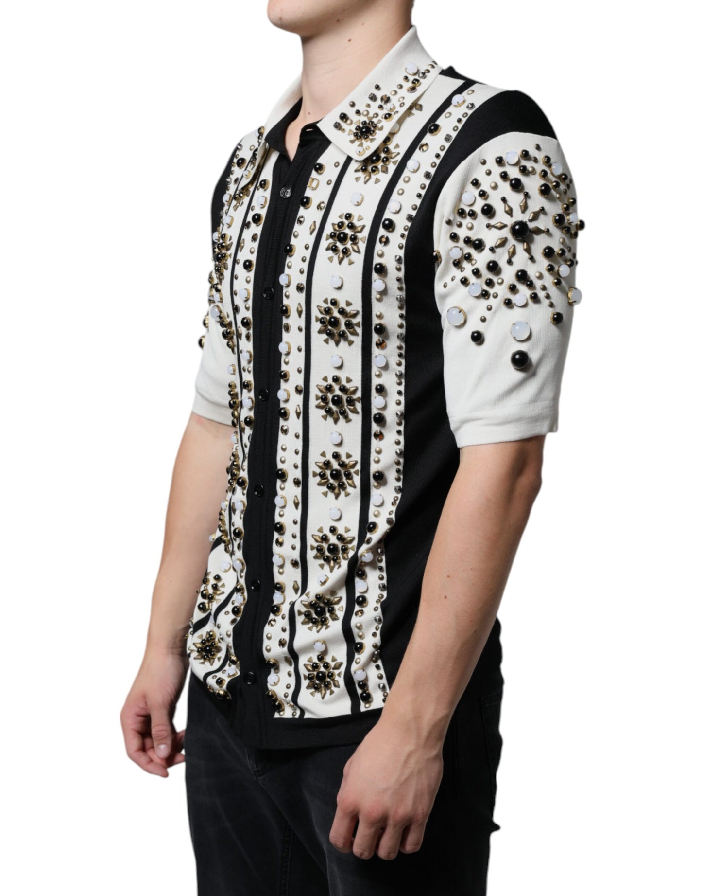 Dolce & Gabbana White Black Silk Studded Stone Crystal Shirt Dolce & Gabbana