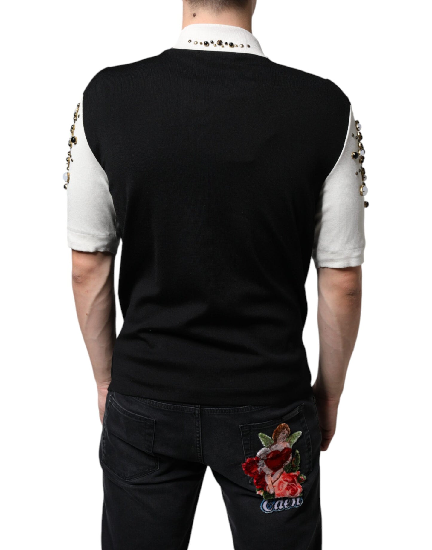 Dolce & Gabbana White Black Silk Studded Stone Crystal Shirt Dolce & Gabbana