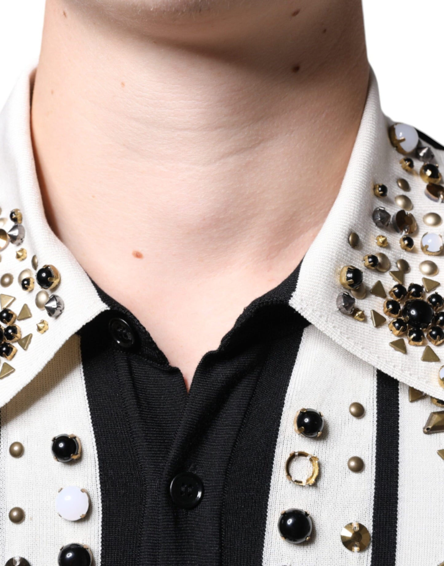 Dolce & Gabbana White Black Silk Studded Stone Crystal Shirt Dolce & Gabbana