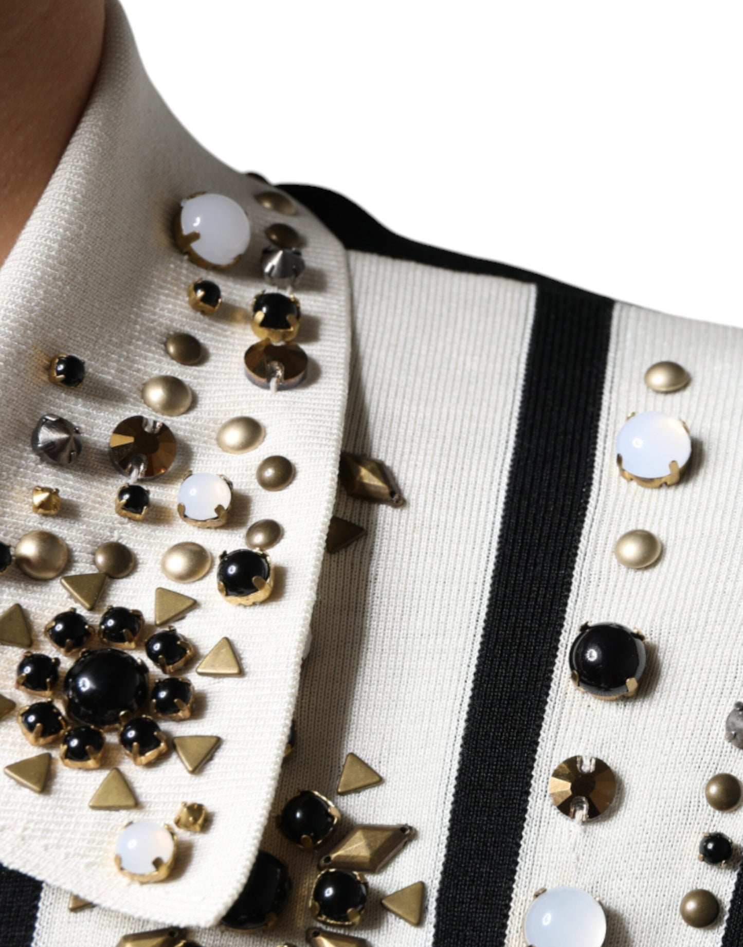 Dolce & Gabbana White Black Silk Studded Stone Crystal Shirt Dolce & Gabbana