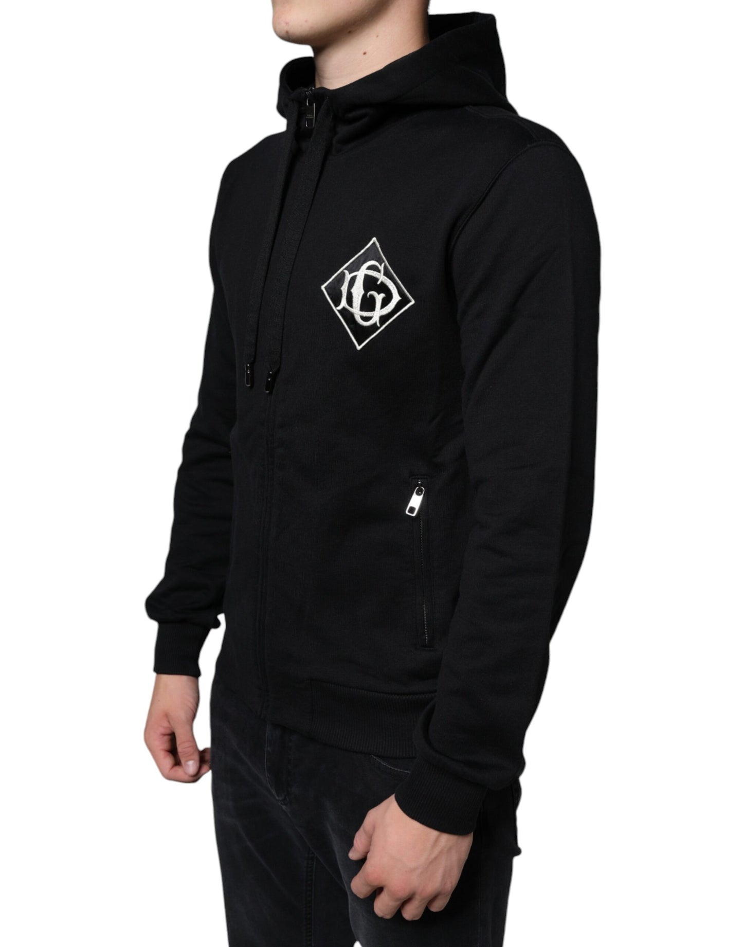 Dolce & Gabbana Black Cotton Hooded Logo Full Zip Sweater Dolce & Gabbana