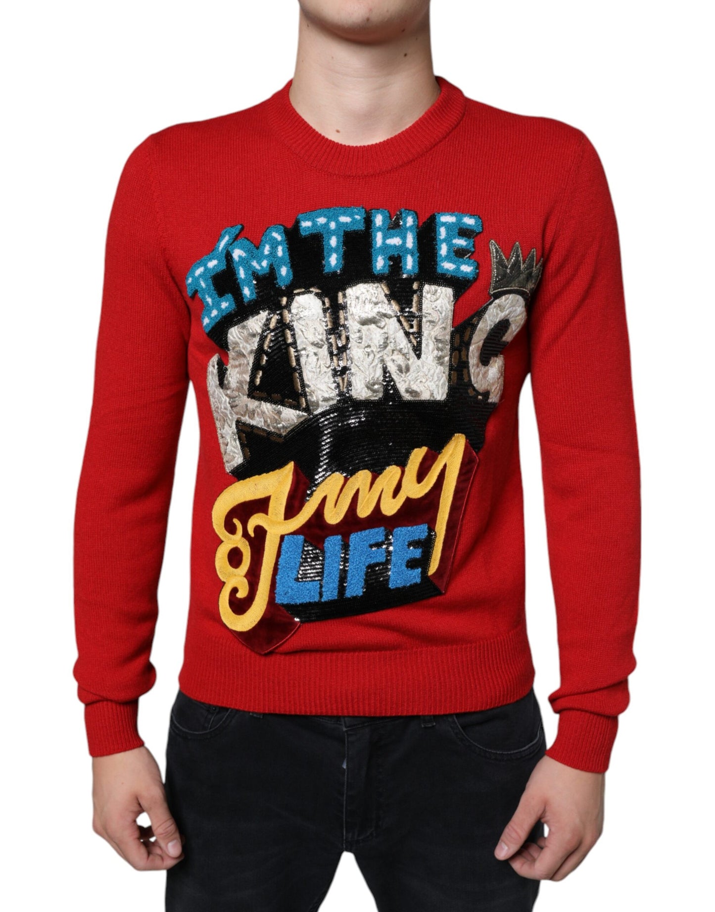 Dolce & Gabbana Red I'm The King Wool Crew Neck Sweatshirt Sweater Dolce & Gabbana