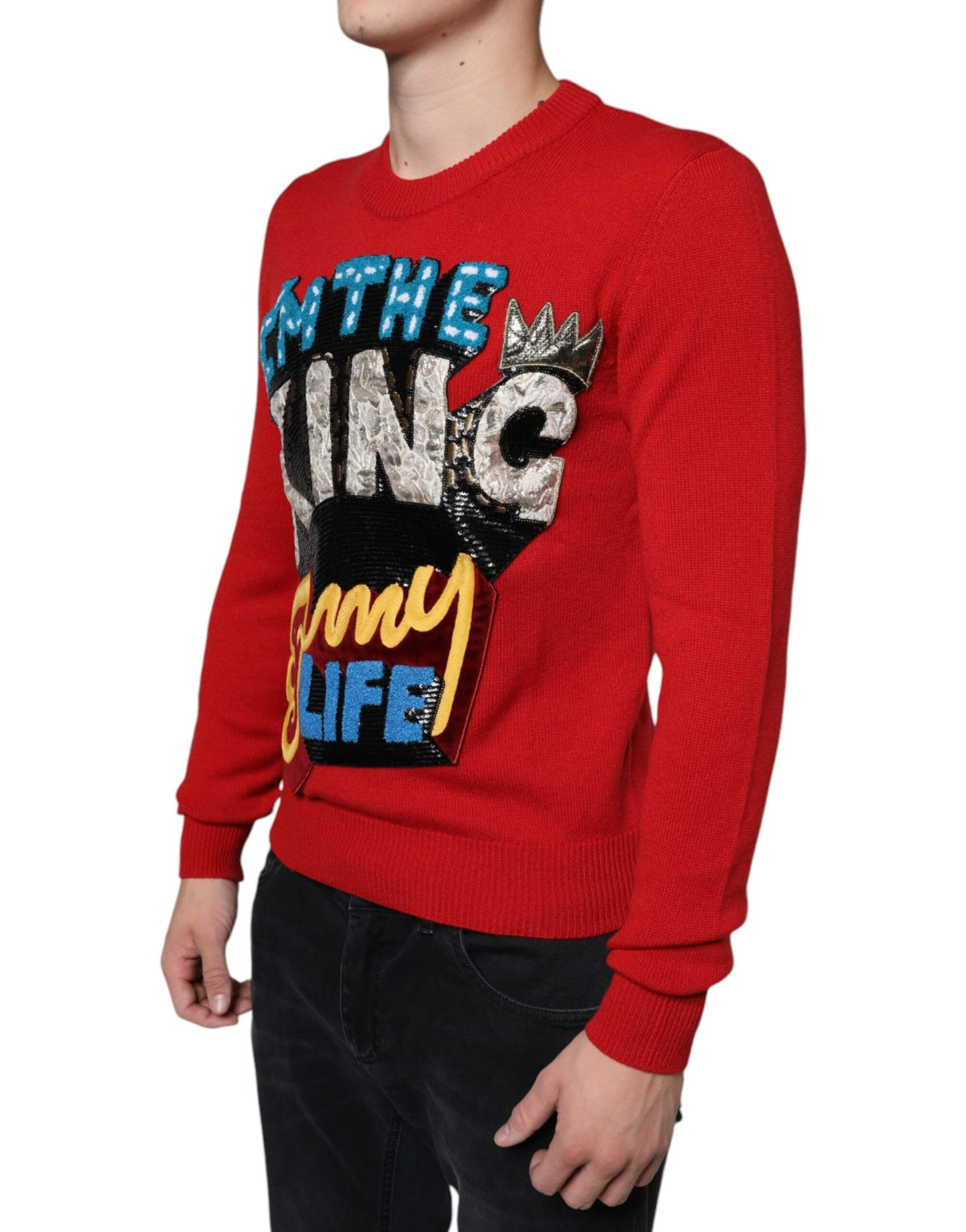 Dolce & Gabbana Red I'm The King Wool Crew Neck Sweatshirt Sweater Dolce & Gabbana