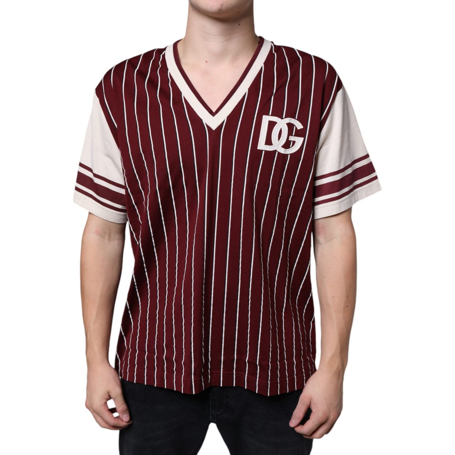 Dolce & Gabbana Maroon Stripes Cotton Logo V-neck T-shirt