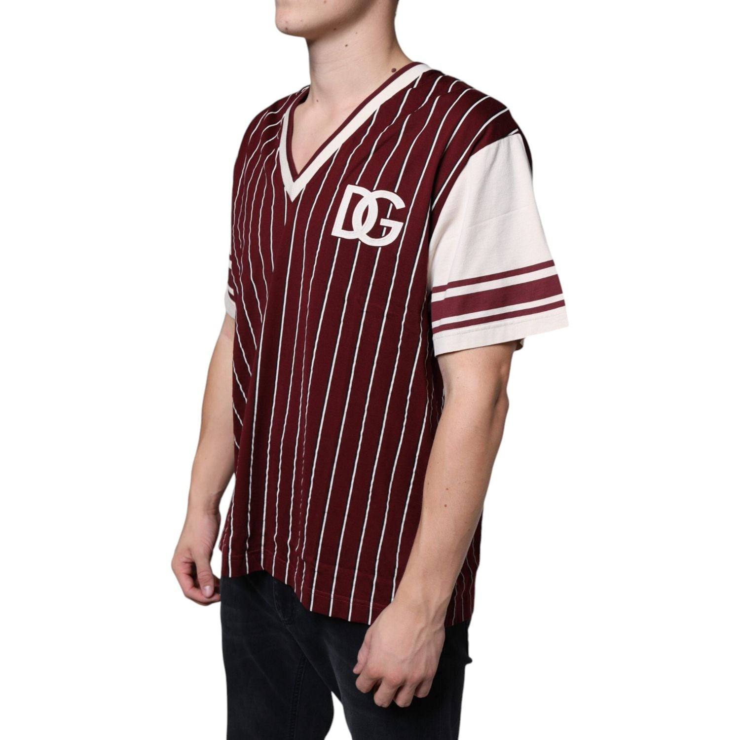 Dolce & Gabbana Maroon Stripes Cotton Logo V-neck T-shirt