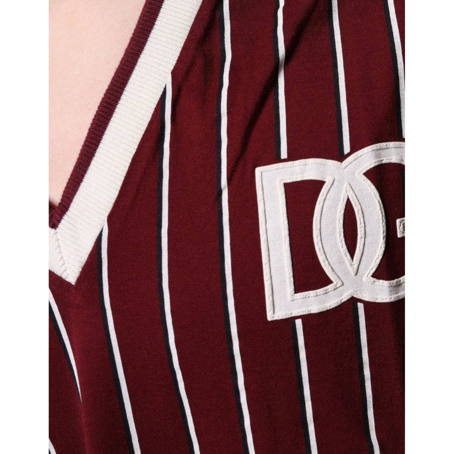 Dolce & Gabbana Maroon Stripes Cotton Logo V-neck T-shirt