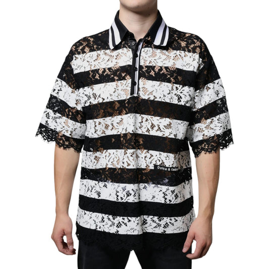 Dolce & Gabbana Black White Stripes Lace Collared Polo T-shirt Dolce & Gabbana