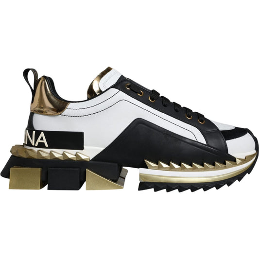 Dolce & Gabbana White Gold Black Leather SUPER KING Sneakers Shoes Dolce & Gabbana