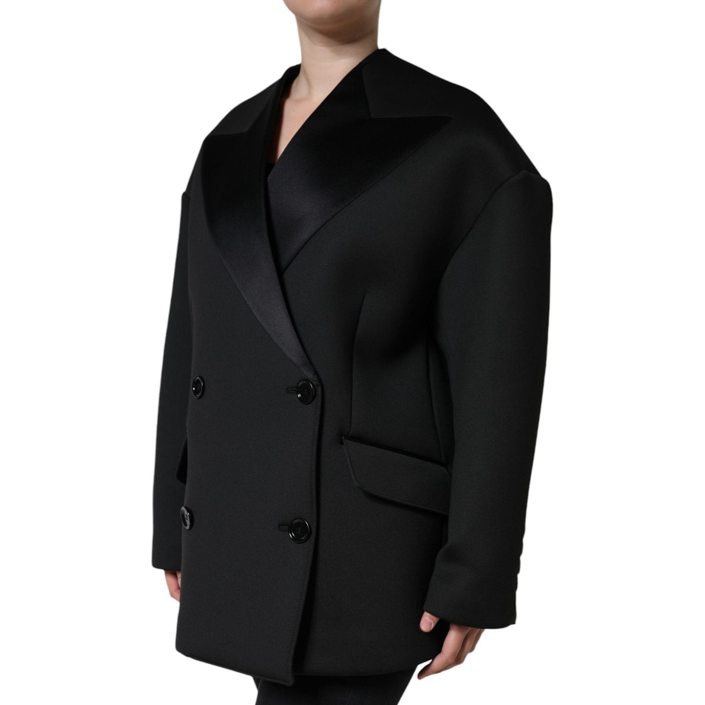 Dolce & Gabbana Black Polyester Double Breasted Coat Jacket Dolce & Gabbana