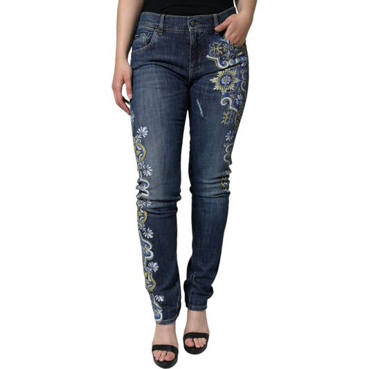 Dolce & Gabbana Blue Floral Cotton Stretch Skinny Denim Jeans Dolce & Gabbana