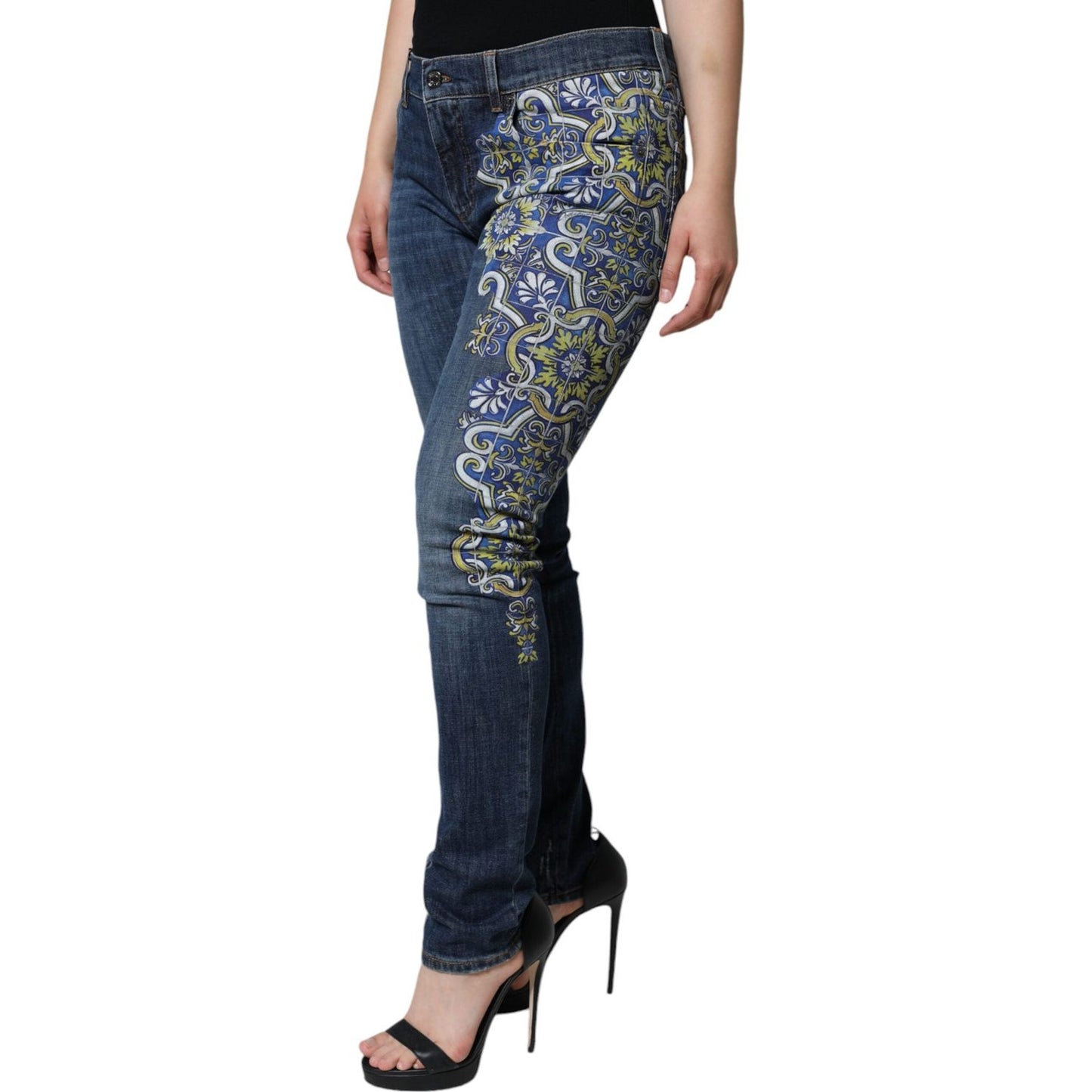 Dolce & Gabbana Blue Floral Cotton Stretch Skinny Denim Jeans Dolce & Gabbana