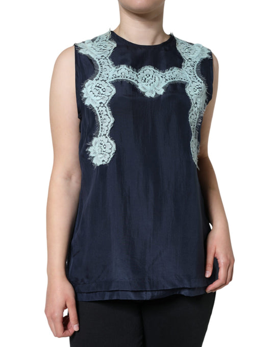 Dolce & Gabbana Blue Floral Lace Silk Sleeveless Tank Top Dolce & Gabbana