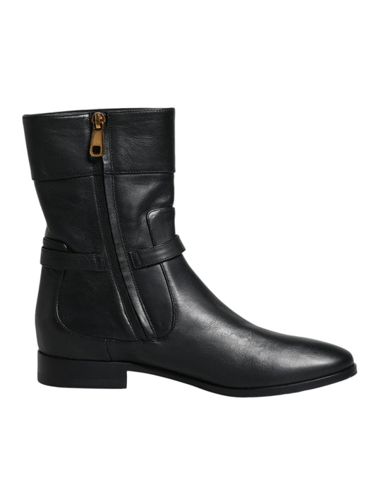 Dolce & Gabbana Black Leather Logo Mid Calf Boots Shoes