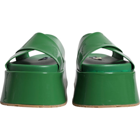 Dolce & Gabbana Green Leather Wedge Slides Sandals Shoes Dolce & Gabbana