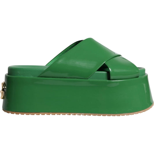 Dolce & Gabbana Green Leather Wedge Slides Sandals Shoes Dolce & Gabbana