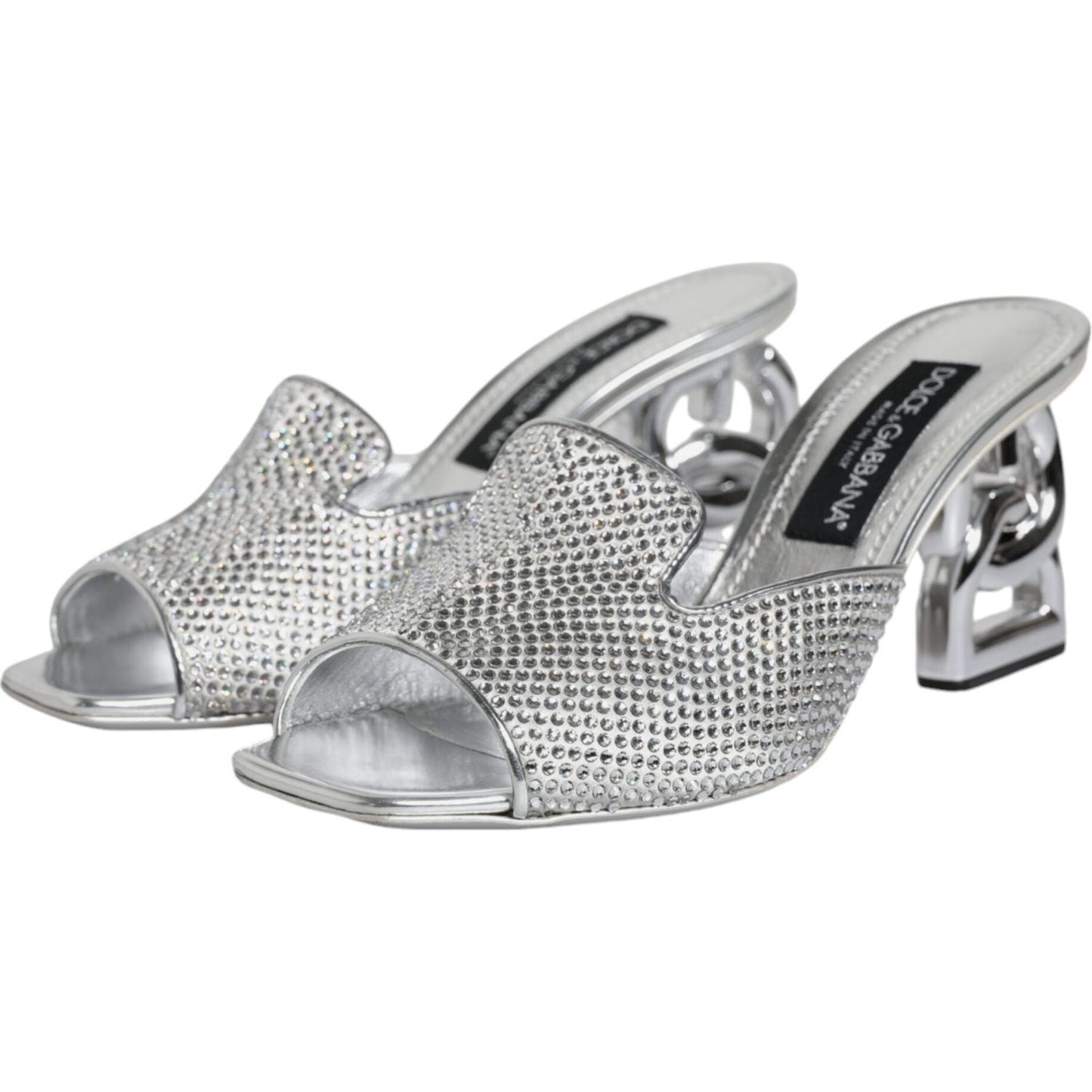 Dolce & Gabbana Silver Viscose Logo Heels Slide Sandals Shoes Dolce & Gabbana