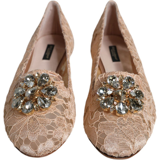 Dolce & Gabbana Beige Lace Crystal Ballet Flats Loafers Shoes Dolce & Gabbana