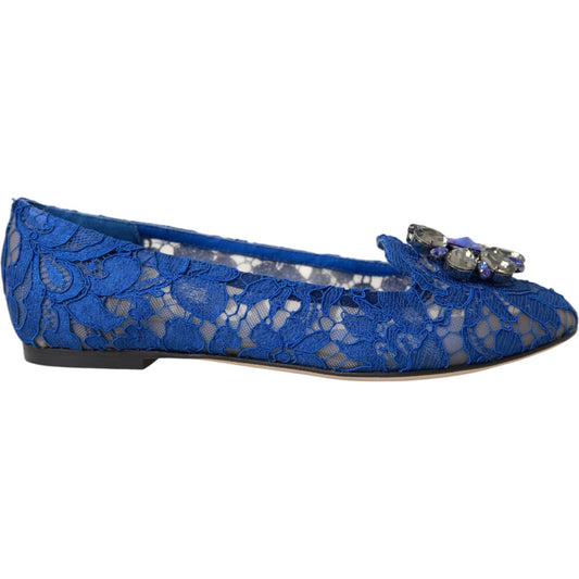 Dolce & Gabbana Blue Lace Crystal Ballet Flats Loafers Shoes Dolce & Gabbana