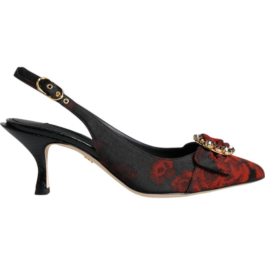 Dolce & Gabbana Black Red Floral Crystal Heel Slingback Shoes Dolce & Gabbana