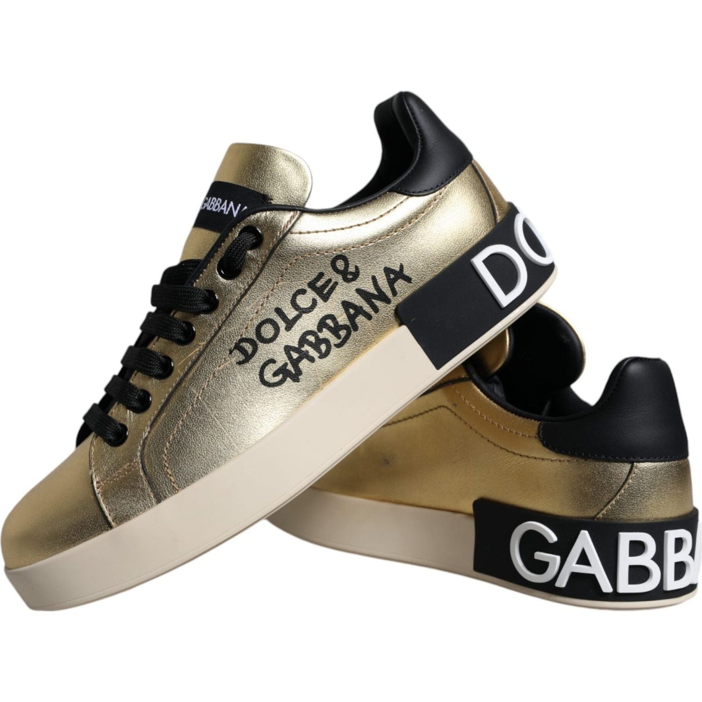 Dolce & Gabbana Gold Portofino Calf Leather Sneakers Shoes Dolce & Gabbana