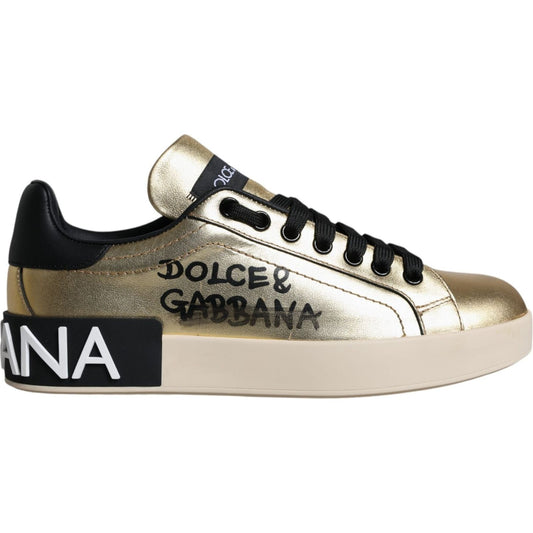 Dolce & Gabbana Gold Portofino Calf Leather Sneakers Shoes Dolce & Gabbana