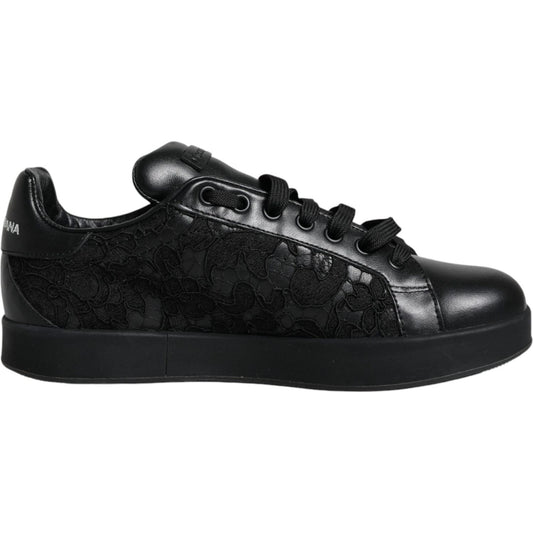 Dolce & Gabbana Black Lace Leather Low Top Sneakers Shoes