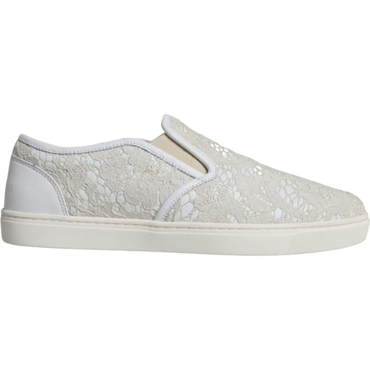 Dolce & Gabbana White Leather Lace Slip On Loafers Shoes Dolce & Gabbana