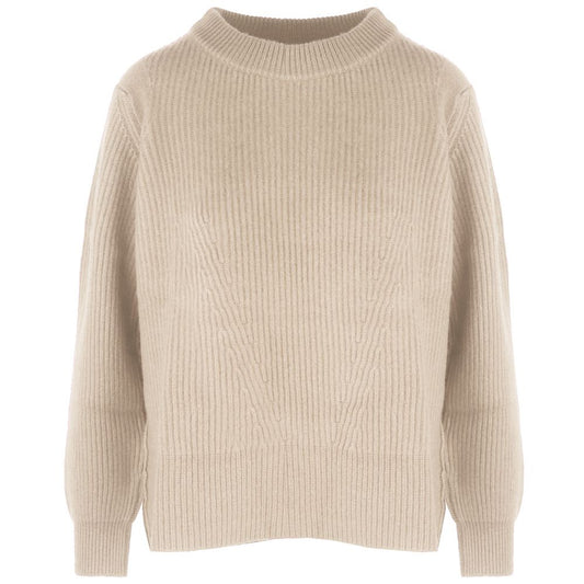 Malo Beige Cashmere Women Sweater with Side Slit and Ribbed Detail Malo