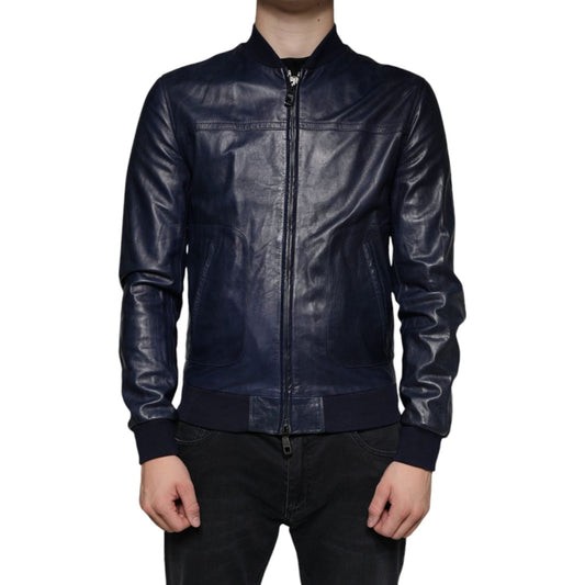 Dolce & Gabbana Blue Lambskin Leather Full Zip Biker Jacket