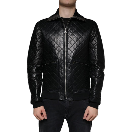 Dolce & Gabbana Black Calf Leather Quilted Full Zip Jacket