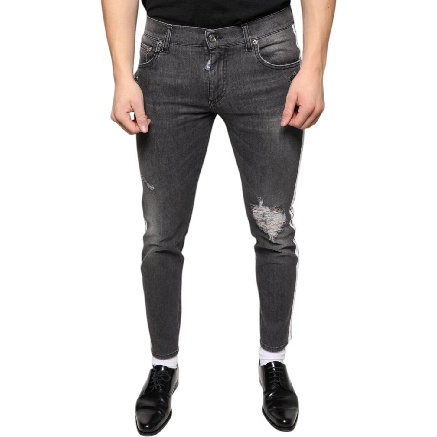 Dolce & Gabbana Black Tattered Cotton Skinny Men Denim Jeans Dolce & Gabbana