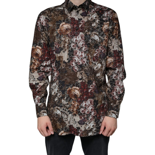 Dolce & Gabbana Multicolor Floral Cotton Men Dress GOLD Shirt