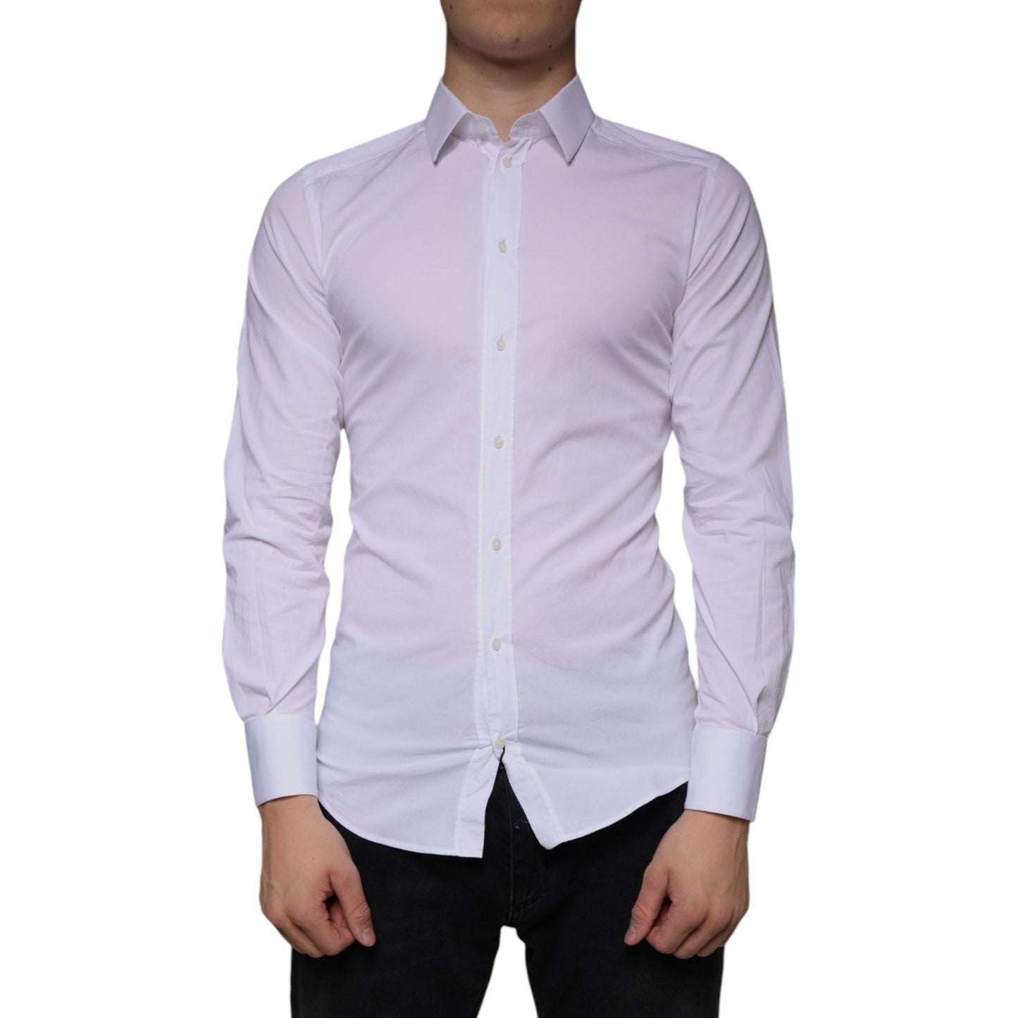 Dolce & Gabbana White Cotton Stretch Dress GOLD Formal Shirt Dolce & Gabbana