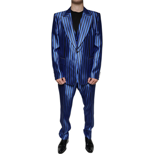 Dolce & Gabbana Metallic Blue Stripes Formal 3 Piece Suit