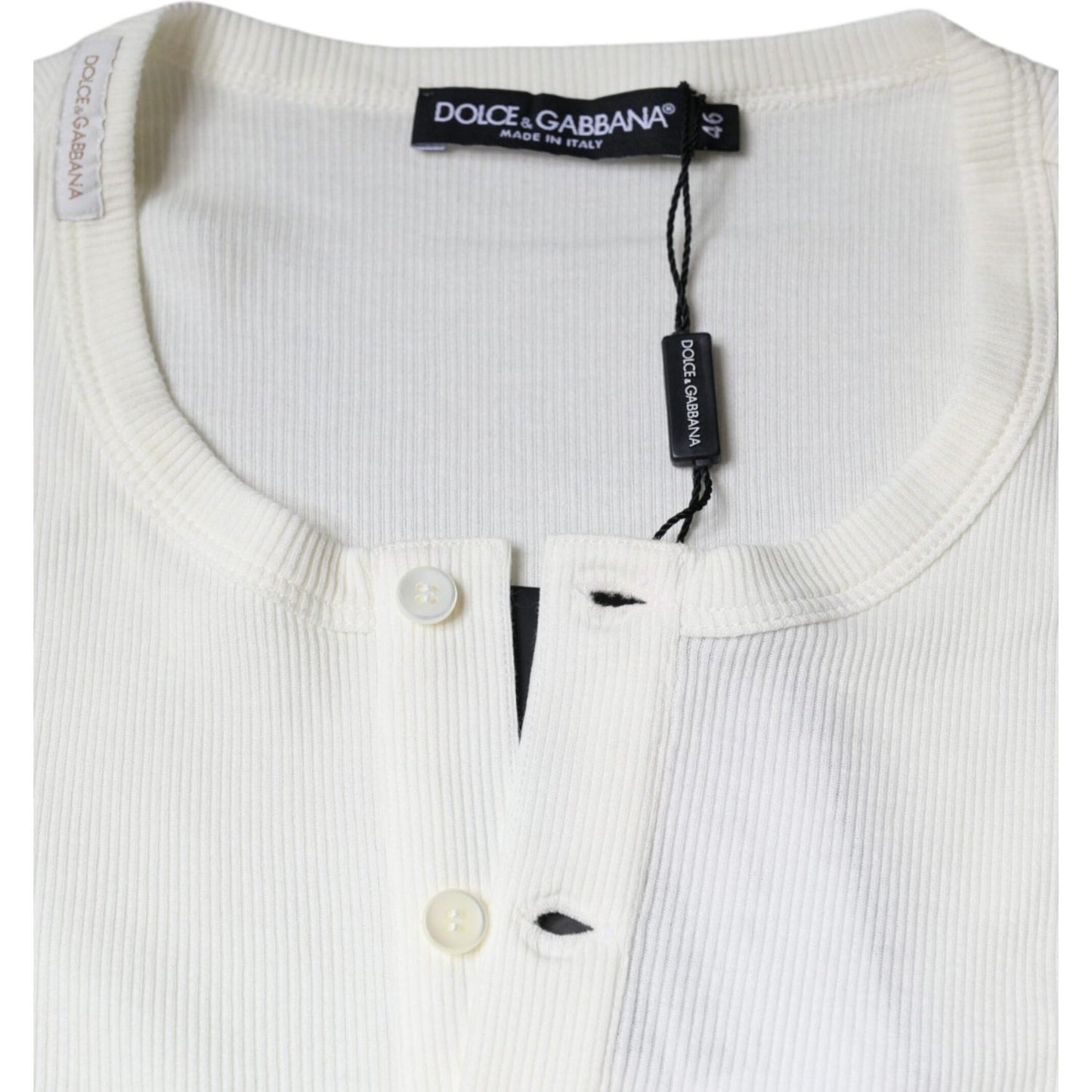 Dolce & Gabbana White Cotton Henley Crew Neck Pullover Sweater Dolce & Gabbana