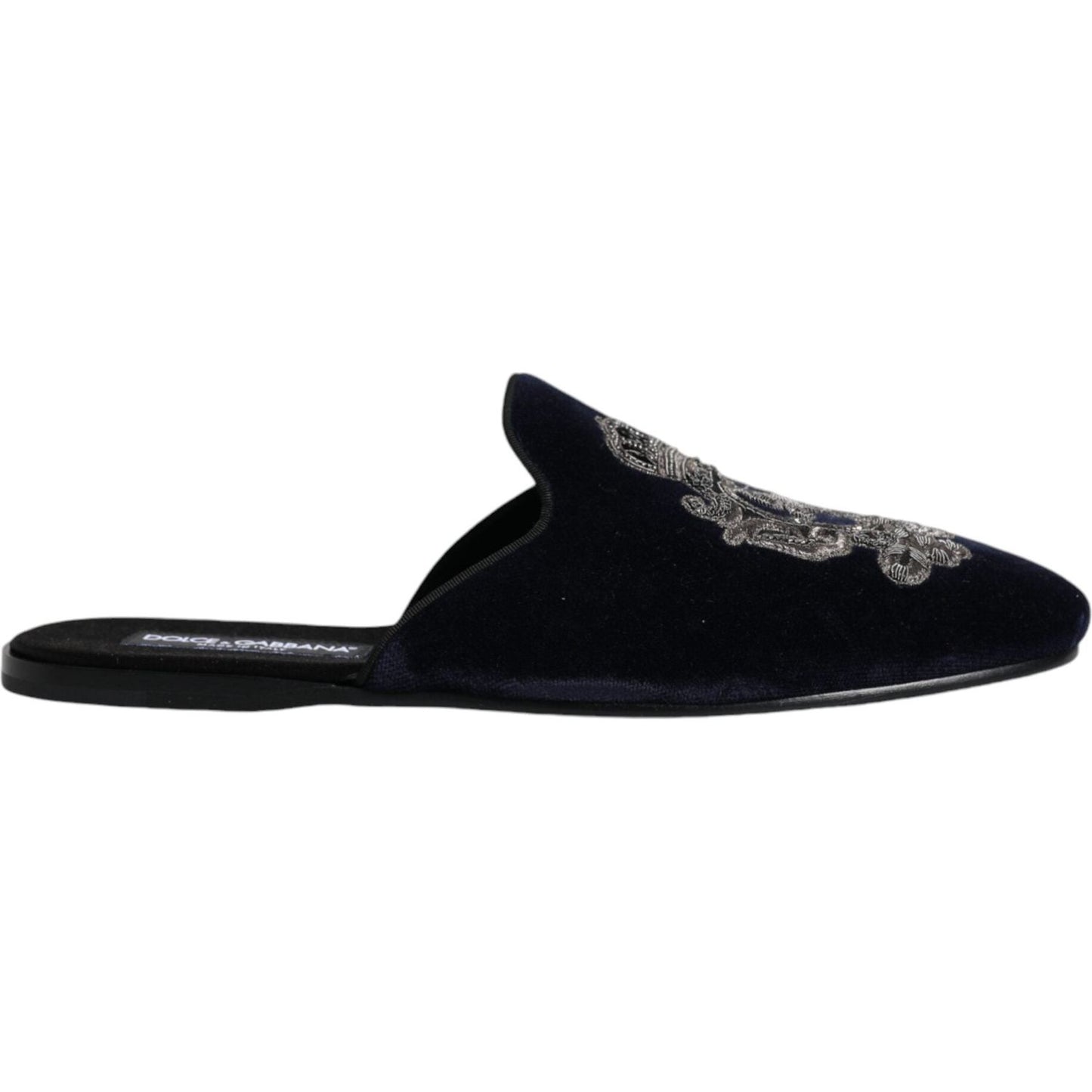 Dolce & Gabbana Black Velvet DG Crown Embroidery Slides Shoes Dolce & Gabbana